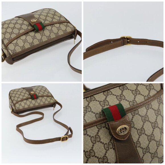 GUCCI GG Canvas Web Sherry Line Shoulder Bag PVC Leather Beige Red Auth 146151 - Picture 16 of 16